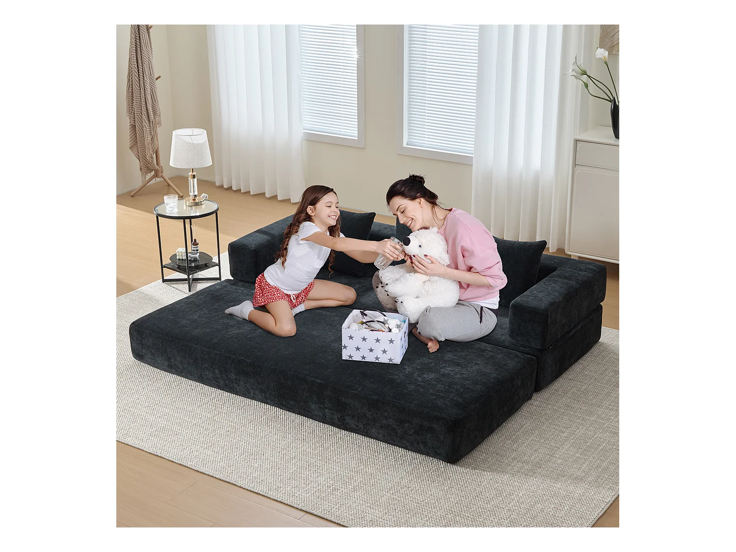 Canapé modulable à volonté - 198 x 79 x 60 cm - convertible - avec poches latérales - chenille - noir