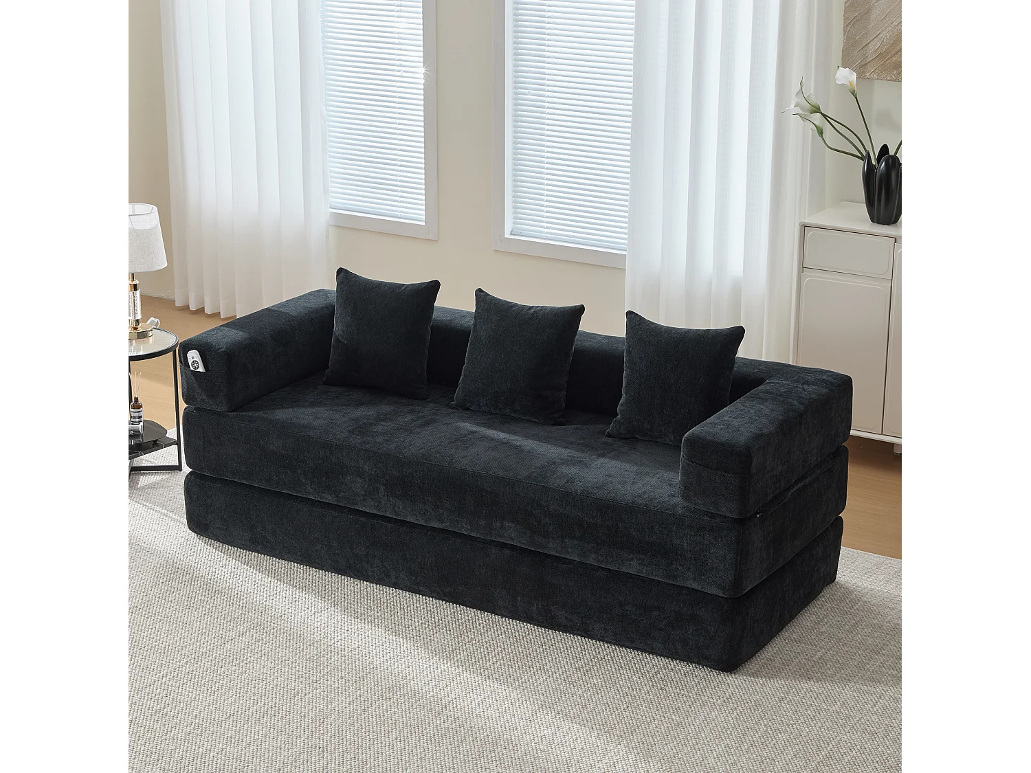 Modulares Sofa - 198 x 79 x 60 cm - umbaubar - mit Seitentaschen - Chenille - schwarz