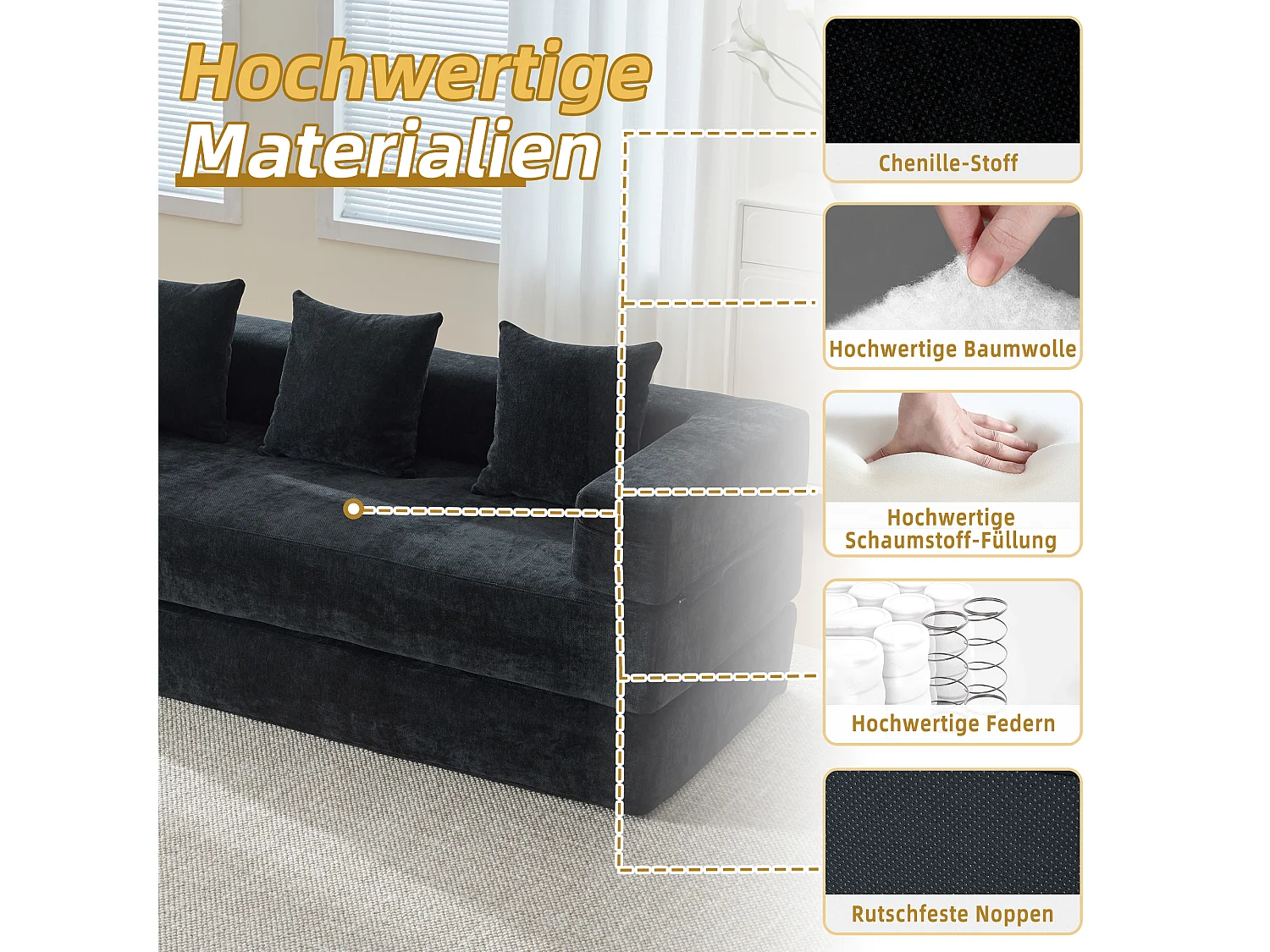 Modulares Sofa - 198 x 79 x 60 cm - umbaubar - mit Seitentaschen - Chenille - schwarz