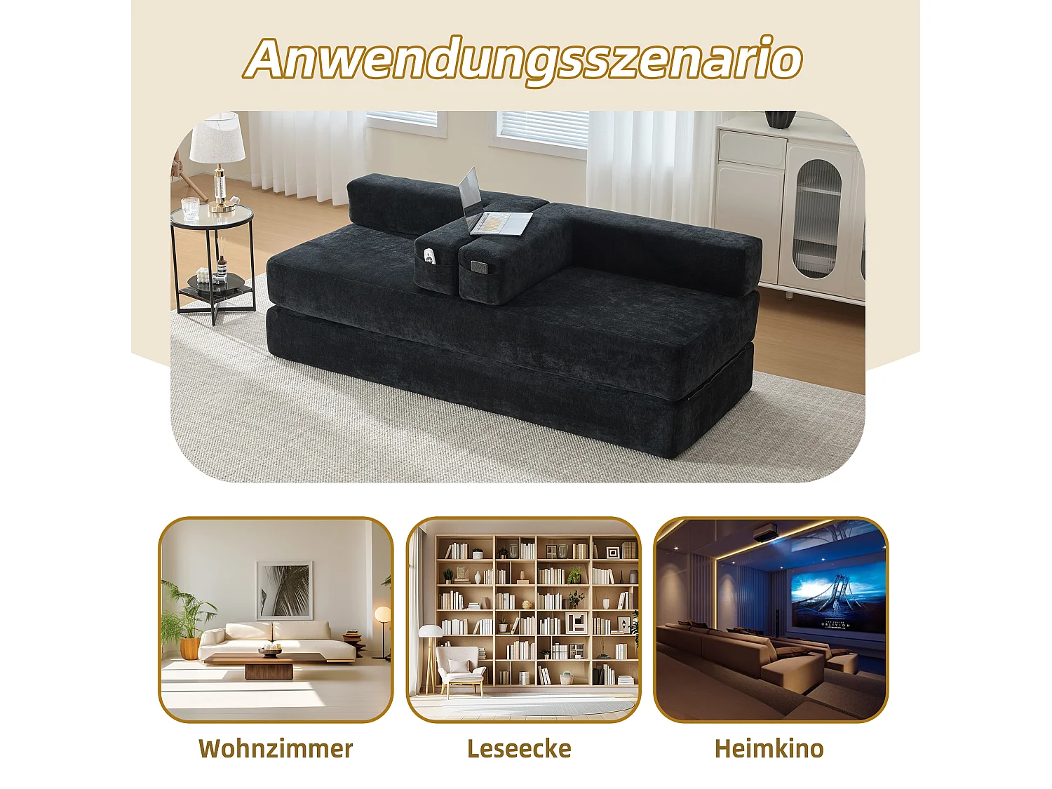 Modulares Sofa - 198 x 79 x 60 cm - umbaubar - mit Seitentaschen - Chenille - schwarz