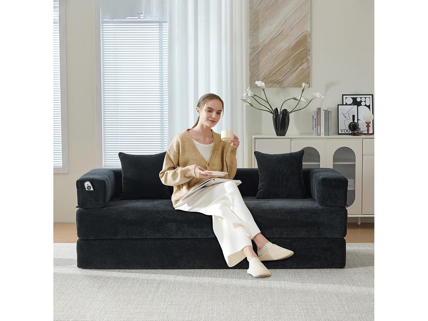 Modulares Sofa - 198 x 79 x 60 cm - umbaubar - mit Seitentaschen - Chenille - schwarz