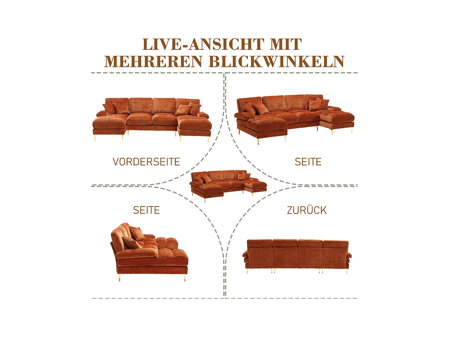 Canapé moderne en U - 272 x 136 x 88 cm - avec 2 places inclinables pour salon - velours - orange