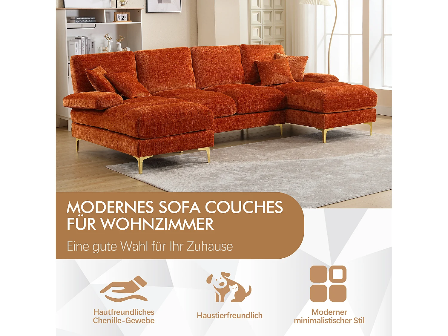 Moderne U-vormige bank - 272 x 136 x 88 cm - met 2 verstelbare zitplaatsen voor woonkamer - fluweel - oranje