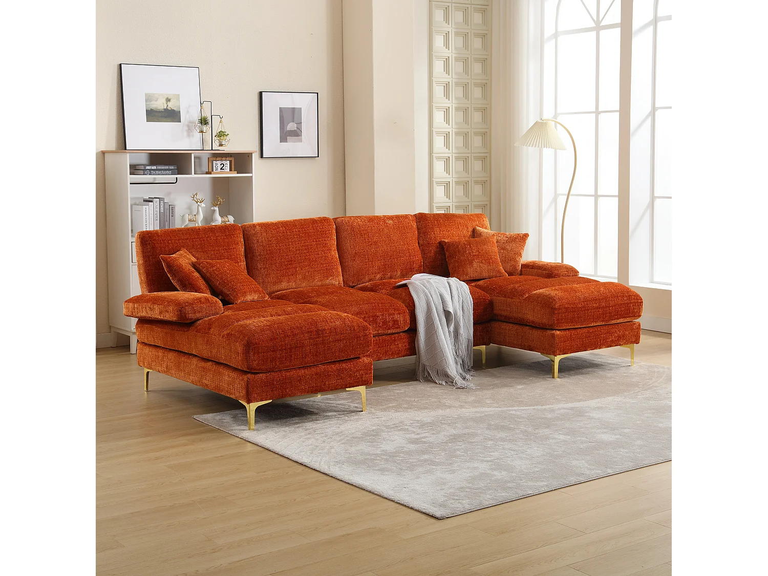 Sofá moderno em U - 272 x 136 x 88 cm - com 2 assentos reclináveis para sala de estar - veludo - laranja