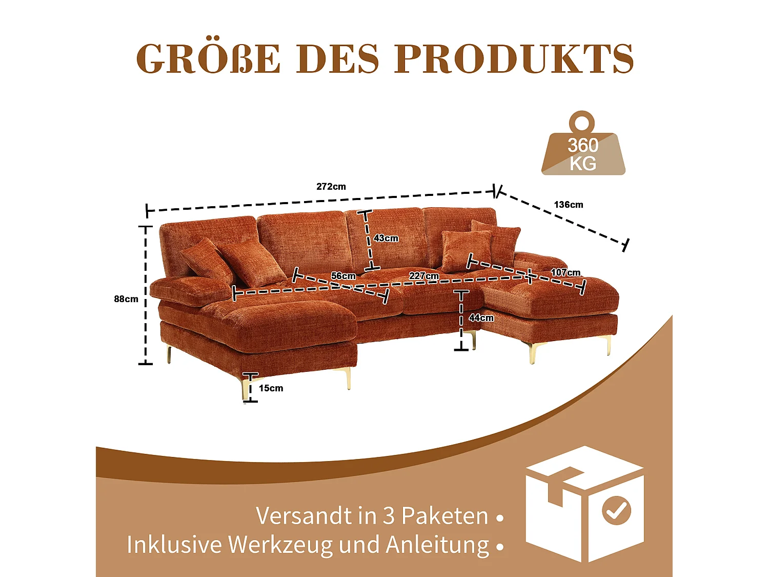 Sofá moderno em U - 272 x 136 x 88 cm - com 2 assentos reclináveis para sala de estar - veludo - laranja