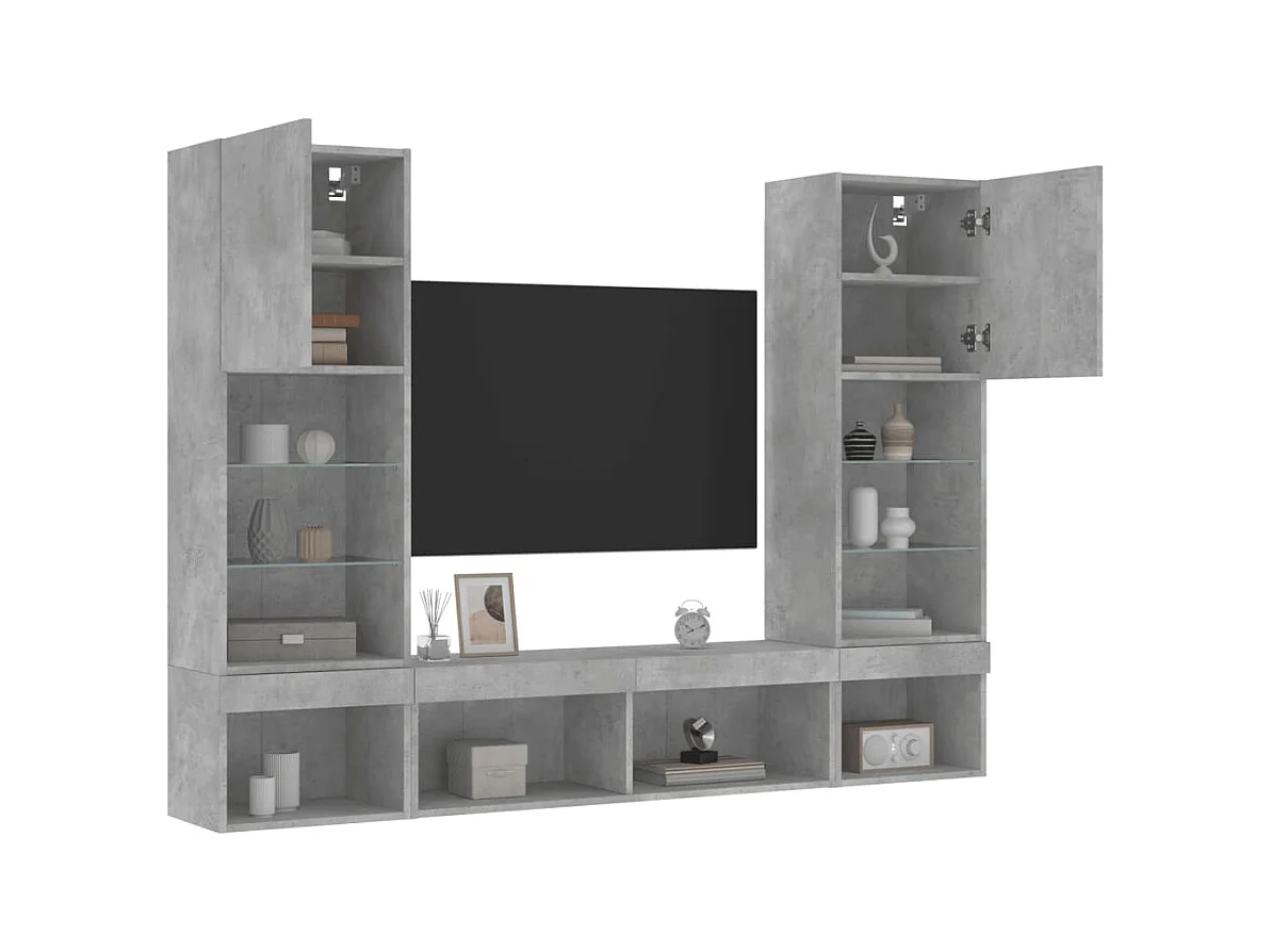 TV-wandmeubels met LED 5 stuks betongrijs bewerkt hout