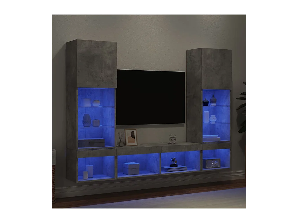 Unités murales TV avec LED 5 pcs gris béton bois d'ingénierie