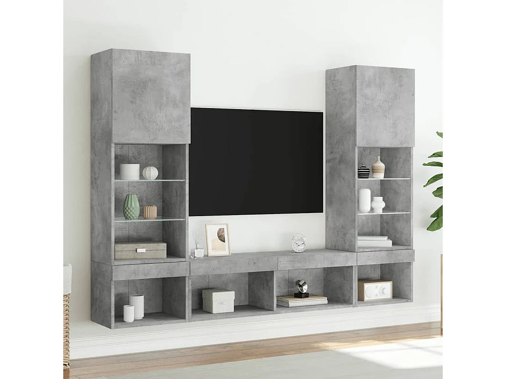 Unités murales TV avec LED 5 pcs gris béton bois d'ingénierie