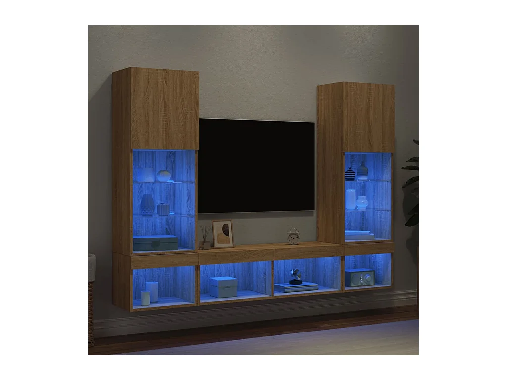 Parete attrezzata TV con LED 5 pezzi in legno ingegnerizzato rovere Sonoma