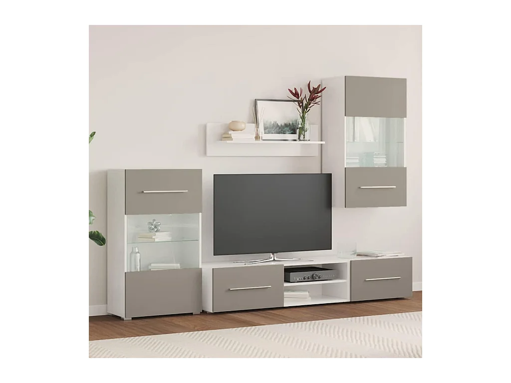 Mobile TV con luce LED 5 pezzi in legno ingegnerizzato grigio pietra