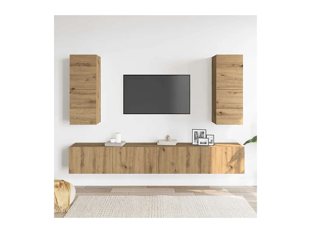 Set di mobili porta TV da parete da 4 pezzi, in rovere lavorato a mano