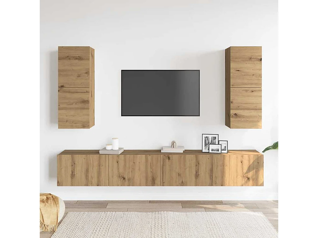 Set di mobili porta TV da parete da 4 pezzi, in rovere lavorato a mano