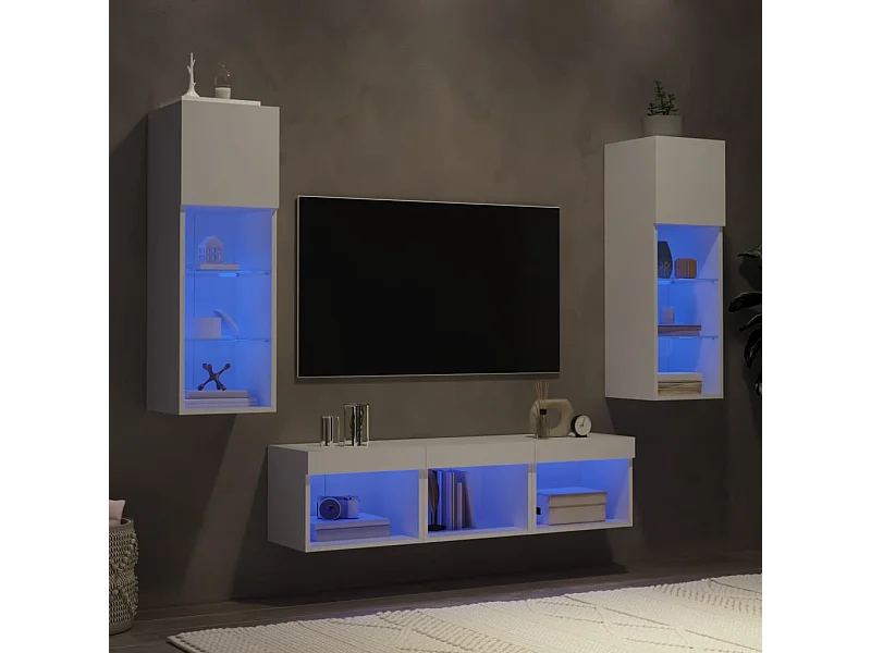 Parete attrezzata TV con LED 5 pezzi in legno ingegnerizzato bianco