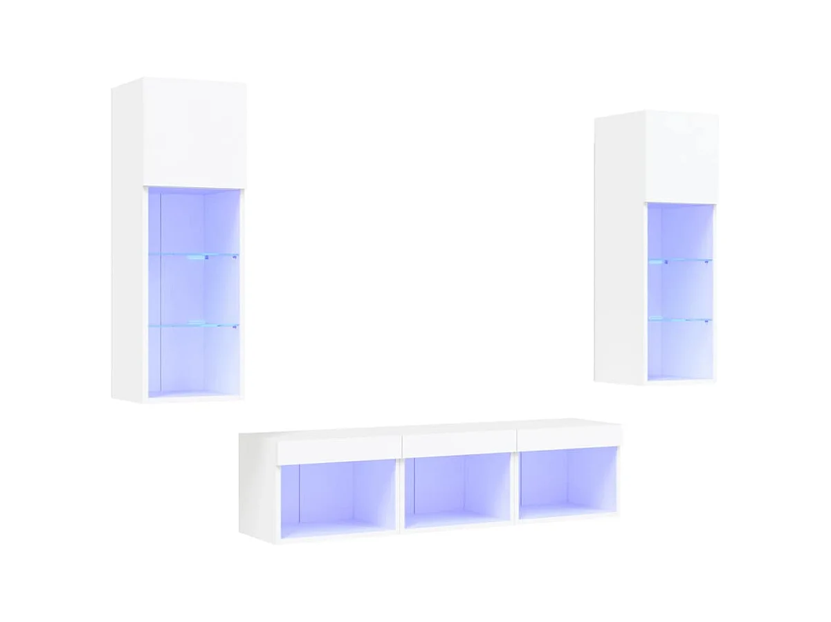 Parete attrezzata TV con LED 5 pezzi in legno ingegnerizzato bianco