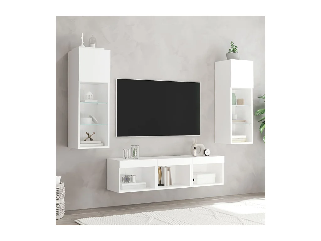 Parete attrezzata TV con LED 5 pezzi in legno ingegnerizzato bianco