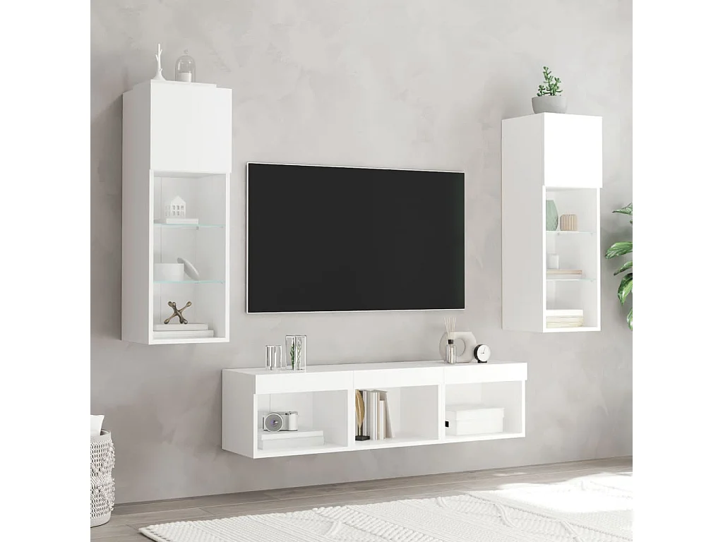 Unités murales TV avec LED 5 pcs blanc bois d'ingénierie