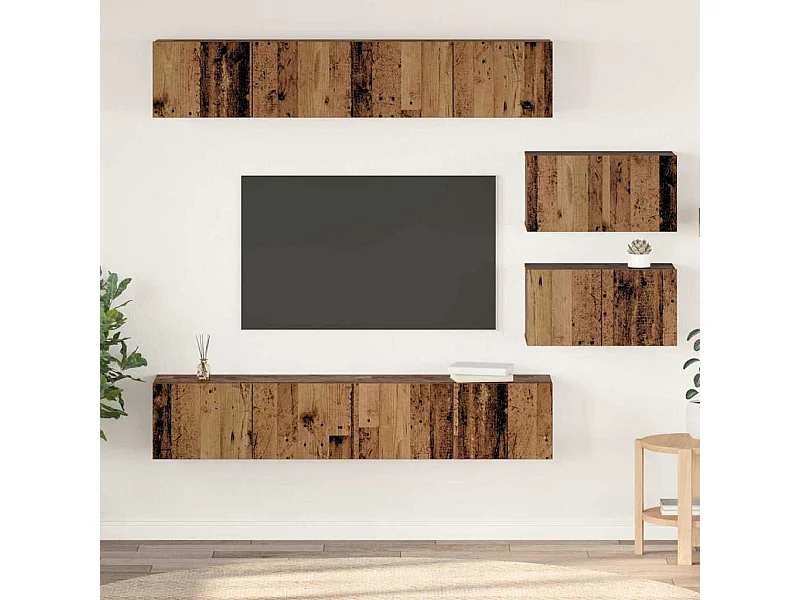 TV-Ständer-Set zur Wandmontage, 6-teilig, Antikholz, mittelgroß