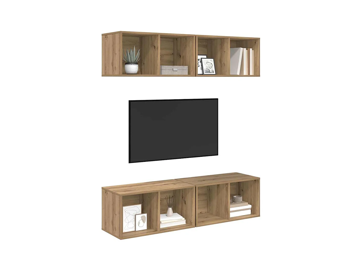 Mueble de TV de pared de 4 piezas, roble hecho a mano, 37 x 37 x 72 cm