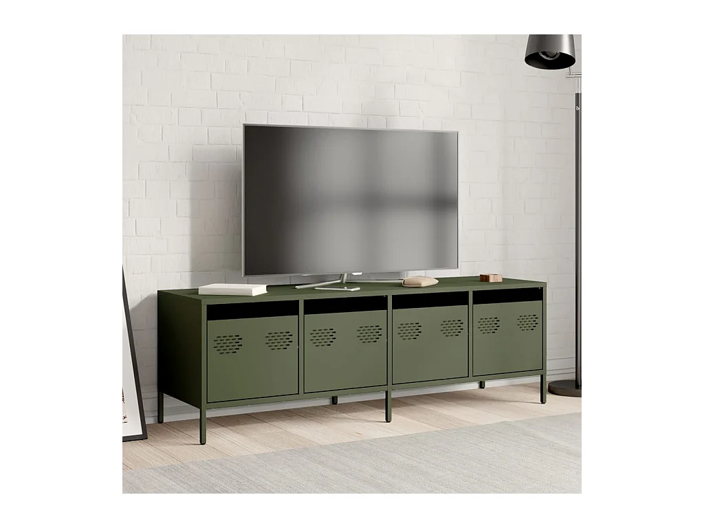 Meuble TV vert olive 135x39x43,5 cm acier laminé à froid