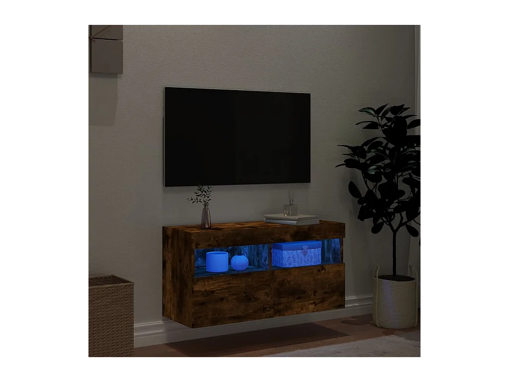 Meuble TV mural avec lumières LED chêne fumé 80x30x40 cm