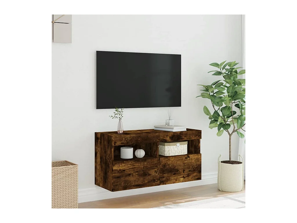 Meuble TV mural avec lumières LED chêne fumé 80x30x40 cm