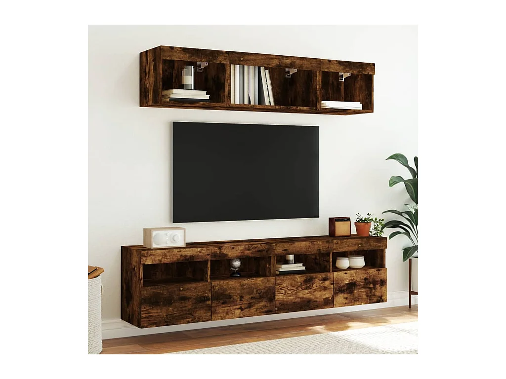 Meuble TV mural avec lumières LED chêne fumé 80x30x40 cm
