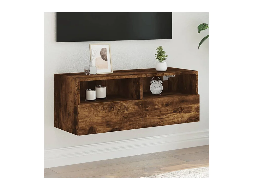Meuble TV mural chêne fumé 80x30x30 cm bois d'ingénierie