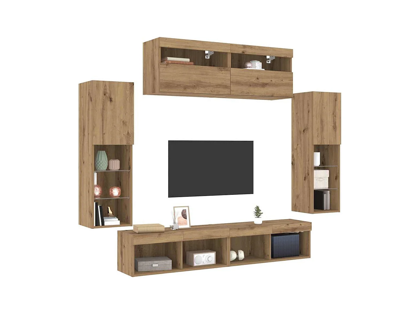 Set di mobili TV da parete, montaggio a parete, 6 pezzi, in rovere lavorato a mano