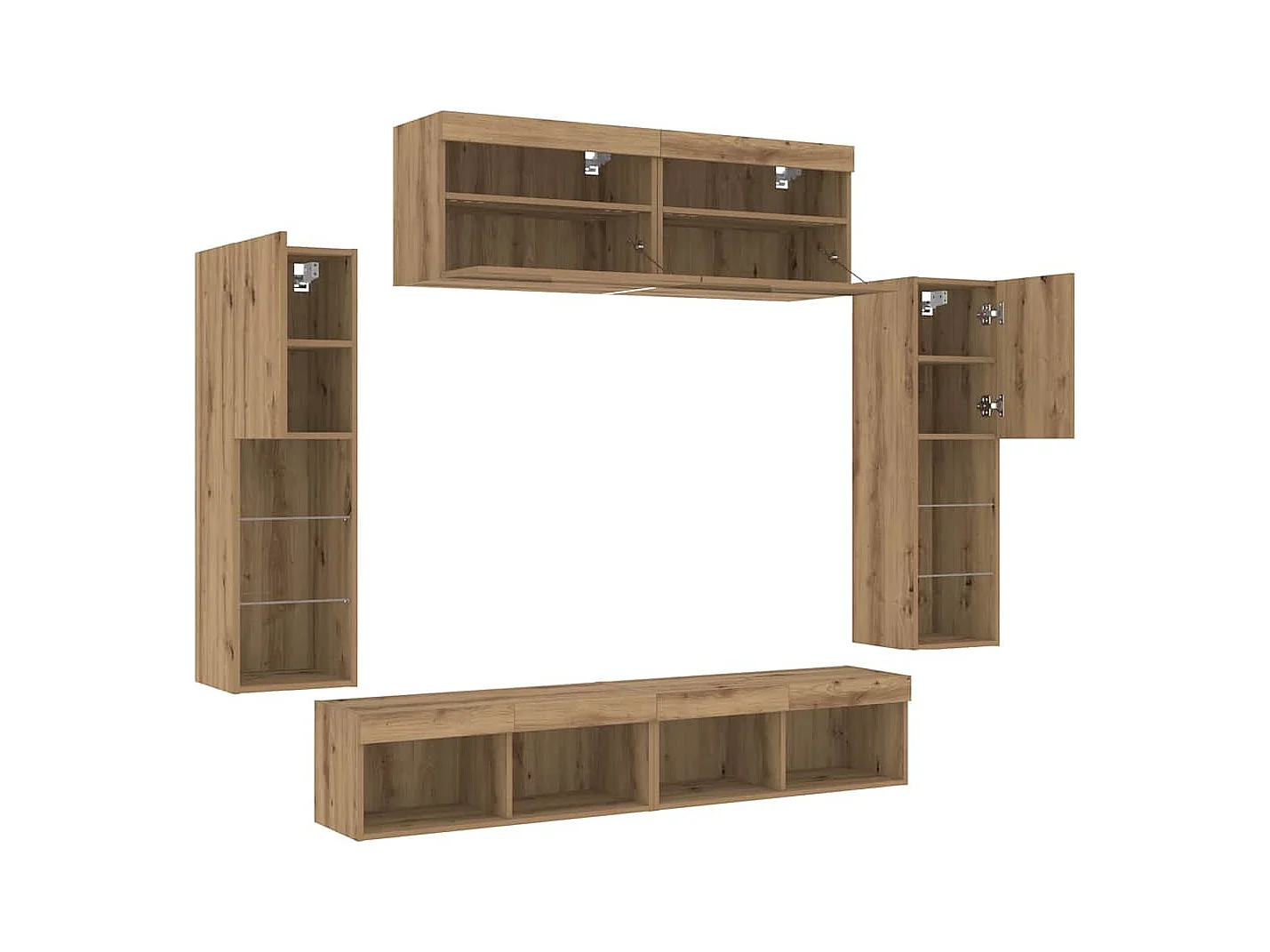 Set di mobili TV da parete, montaggio a parete, 6 pezzi, in rovere lavorato a mano