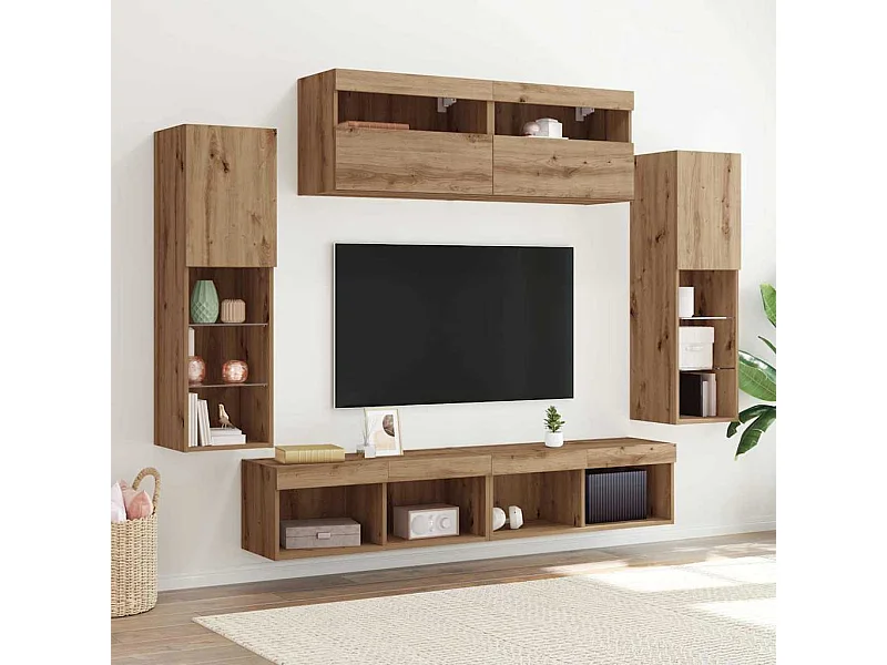 Wandmontiertes TV-Schrank-Set, Wandhalterung, 6-teilig, handgefertigt, Eiche