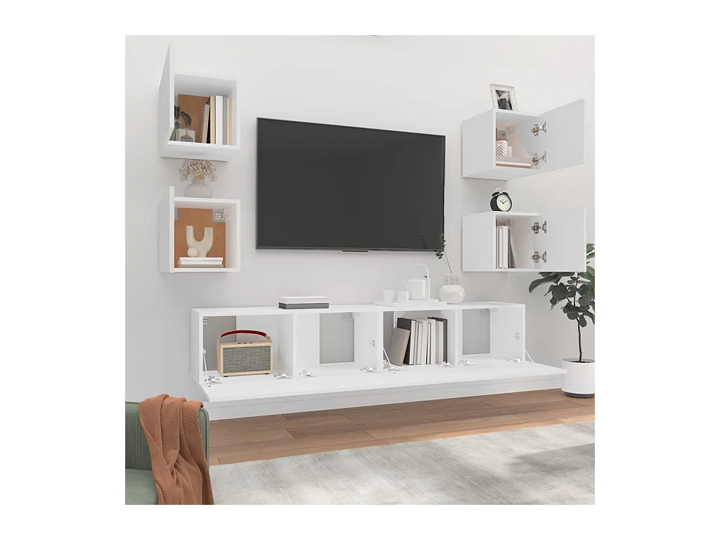 6-delige tv-meubelset, wit, bewerkt hout