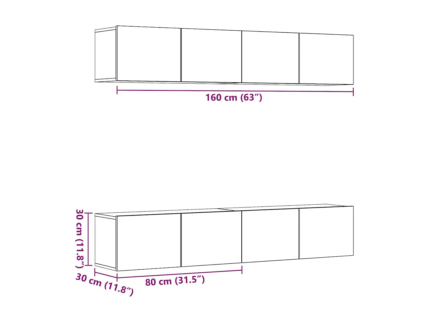 Mobili TV da parete a 4 pezzi, rovere lavorato a mano, legno ingegnerizzato