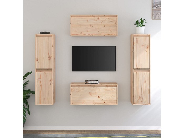 Mueble TV 6 Piezas Madera Maciza De Pino