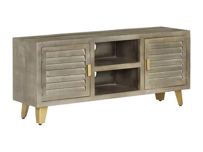 Mobile TV in legno massello di mango grigio con ottone 110x30x48 cm