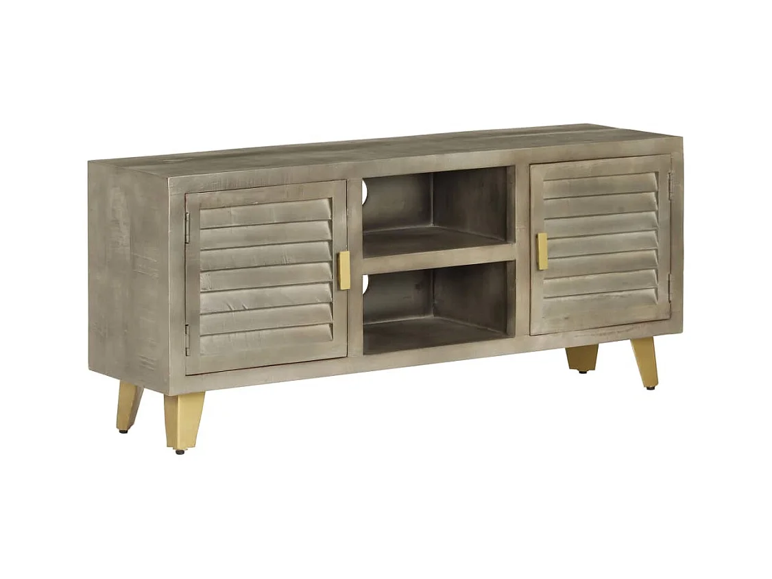 Meuble TV Bois solide de manguier Gris avec laiton 110x30x48 cm