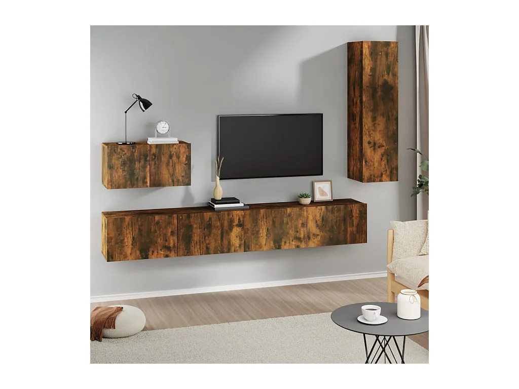 Set di mobili porta TV da 4 pezzi in rovere affumicato, legno ingegnerizzato
