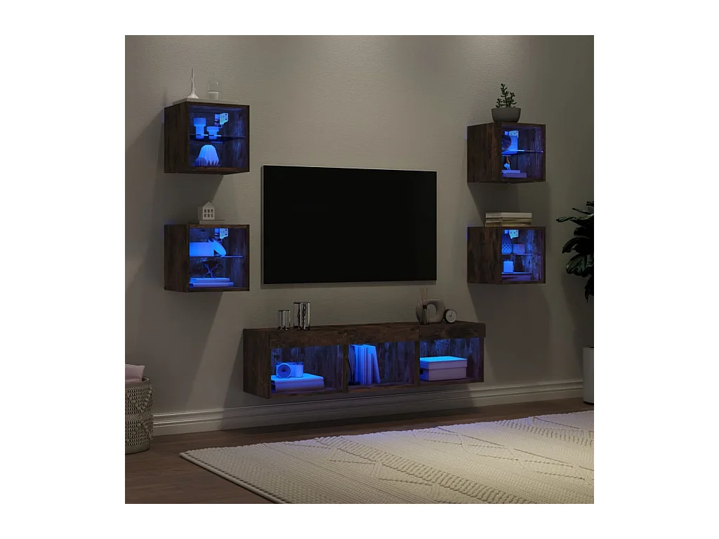 Parete attrezzata TV con LED 7 pezzi in legno ingegnerizzato rovere affumicato