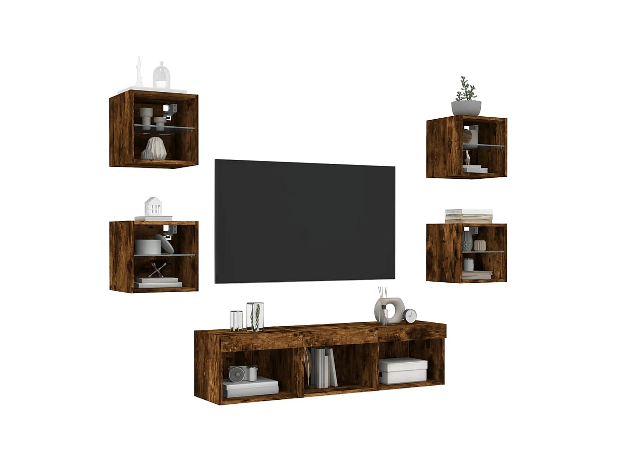 Parete attrezzata TV con LED 7 pezzi in legno ingegnerizzato rovere affumicato