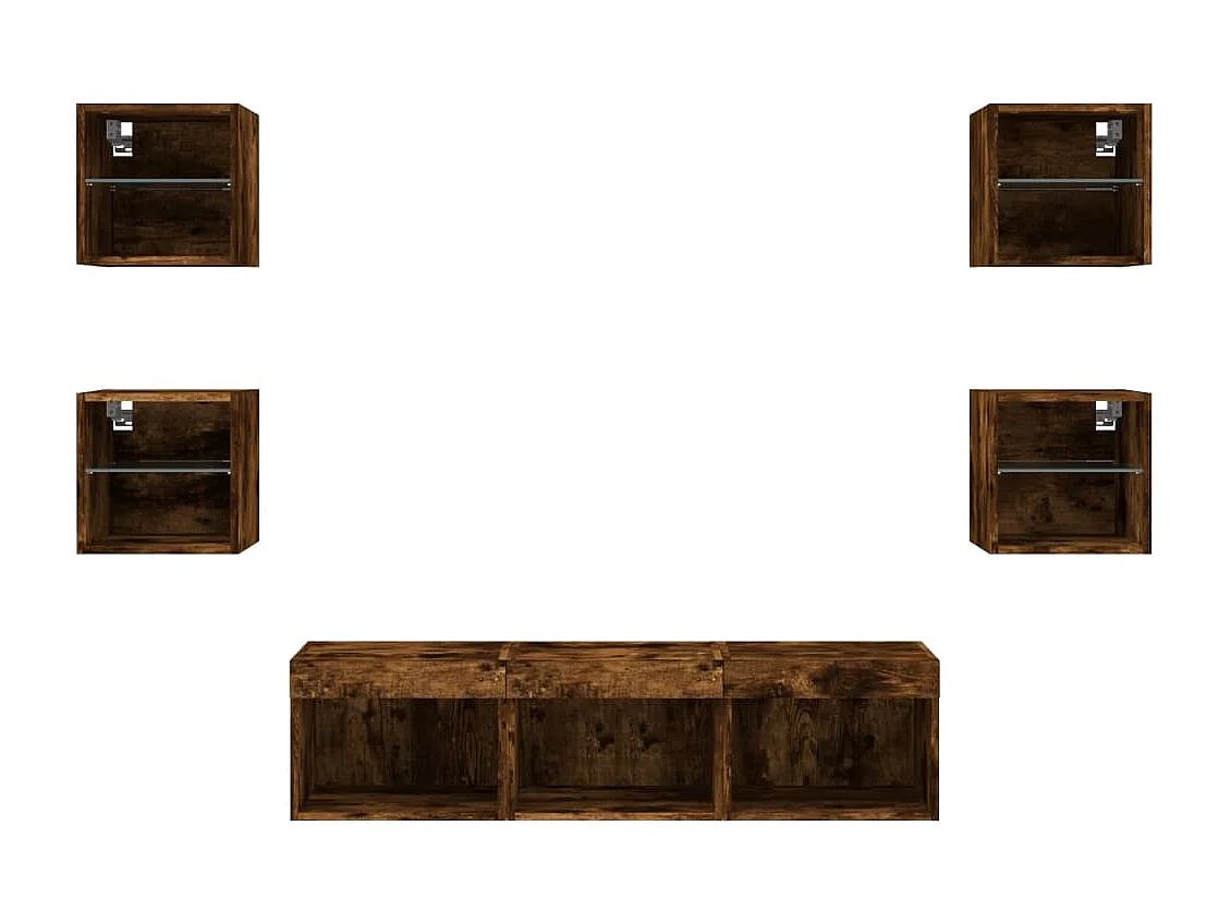 Parete attrezzata TV con LED 7 pezzi in legno ingegnerizzato rovere affumicato