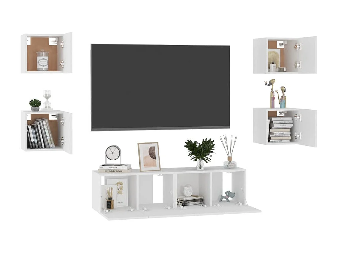 6-delige tv-meubelset, wit, bewerkt hout