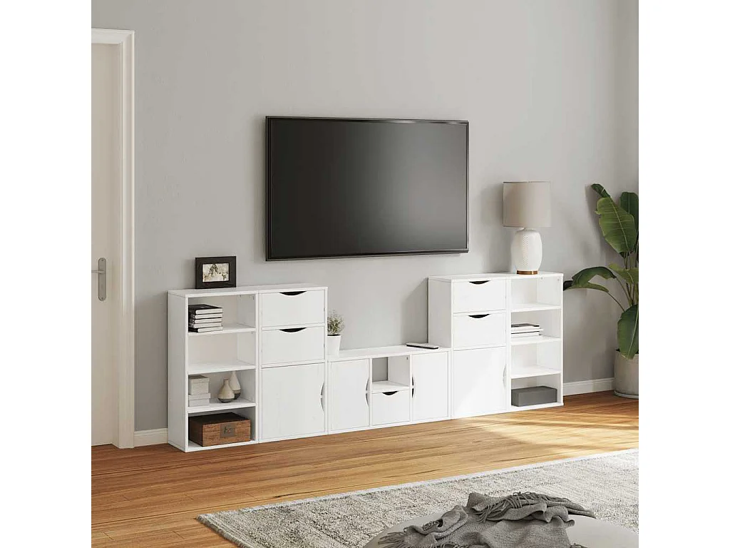 Meubles TV 5 pcs avec rangement ODDA blanc bois de pin massif