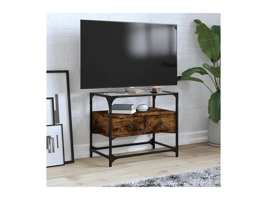 TV-meubel met glazen blad van gerookt eikenhout
