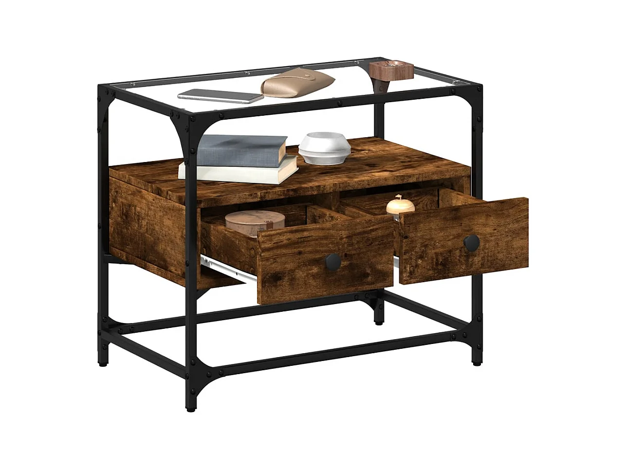 TV-meubel met glazen blad van gerookt eikenhout