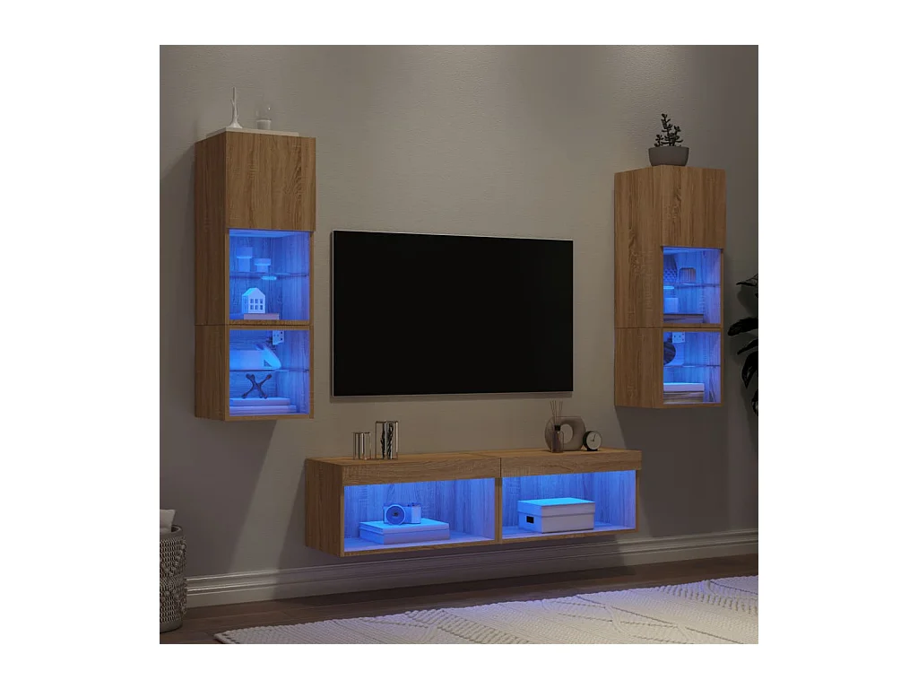 Parete attrezzata TV con LED 6 pezzi in legno ingegnerizzato rovere Sonoma