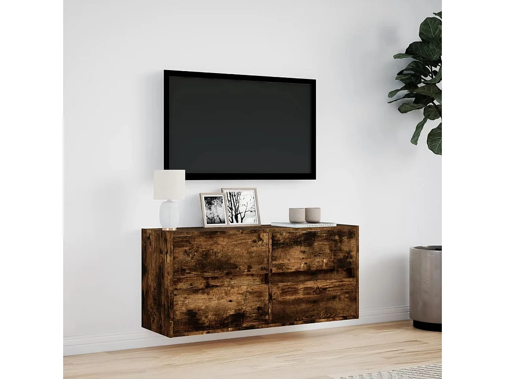 Mobile porta TV a parete con luci LED rovere affumicato 100x31x45 cm