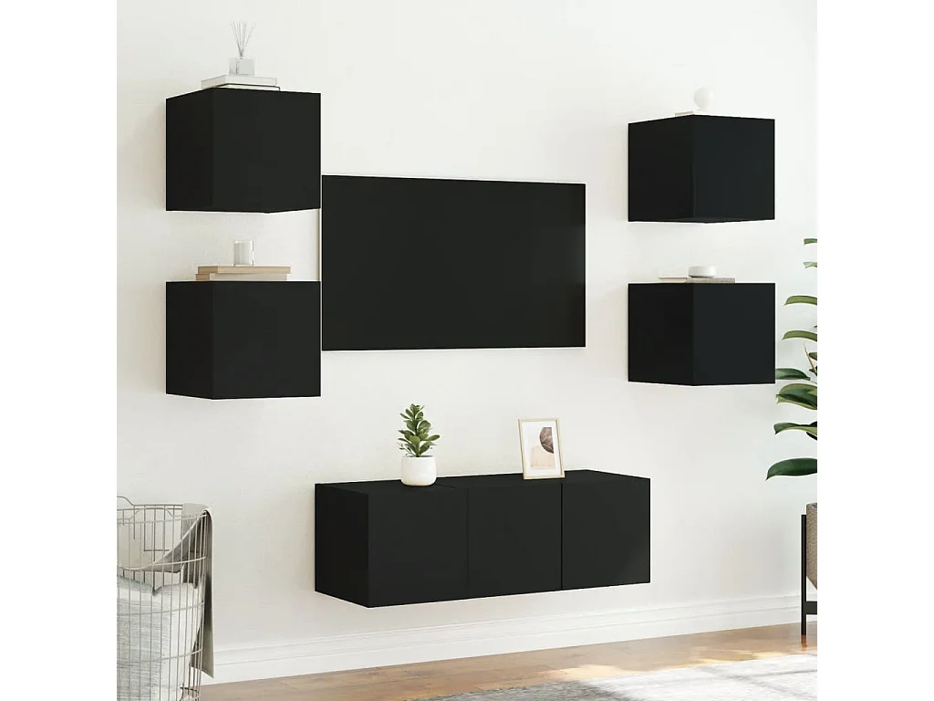 Muebles de TV de pared con luces LED 2 uds negro 30,5x35x30 cm