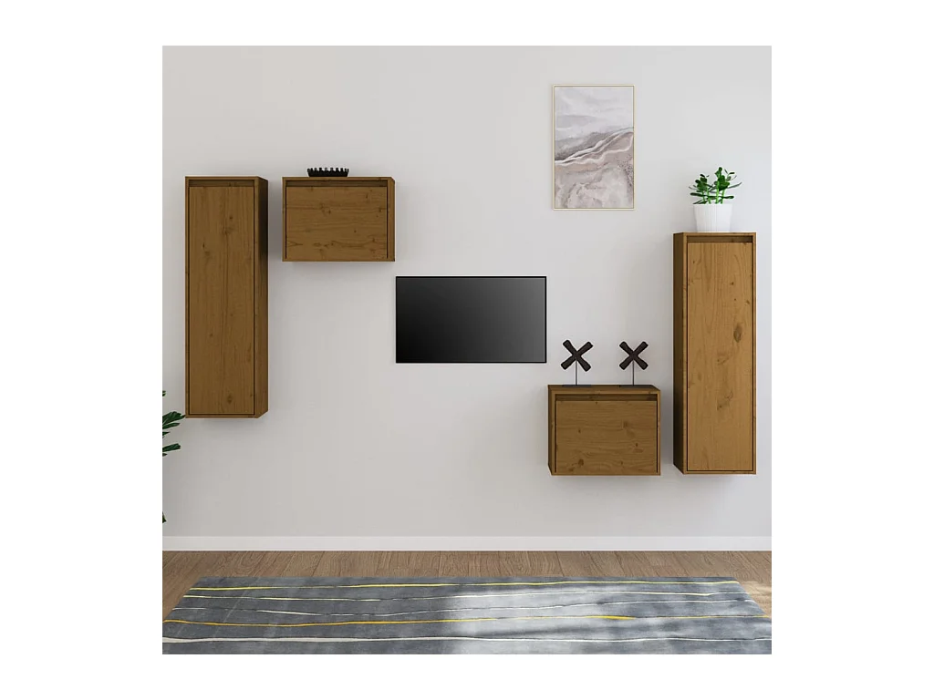 Mobile TV 4 pezzi Marrone miele Legno massello di pino