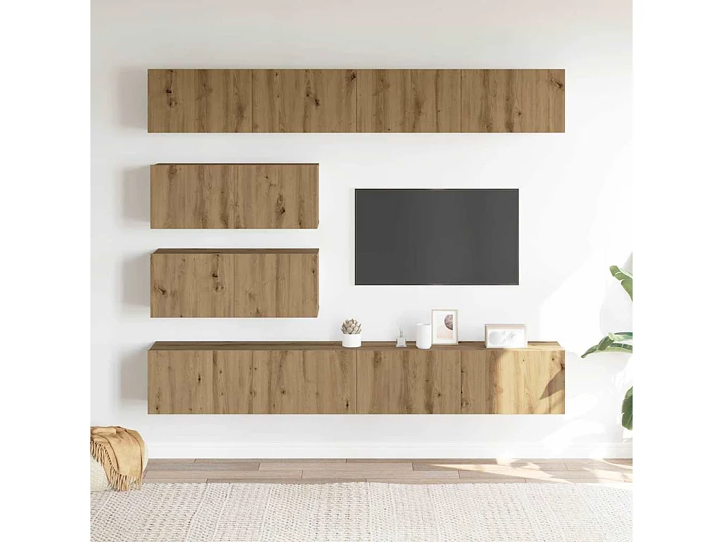 Set di mobili porta TV da parete da 6 pezzi, in rovere lavorato a mano