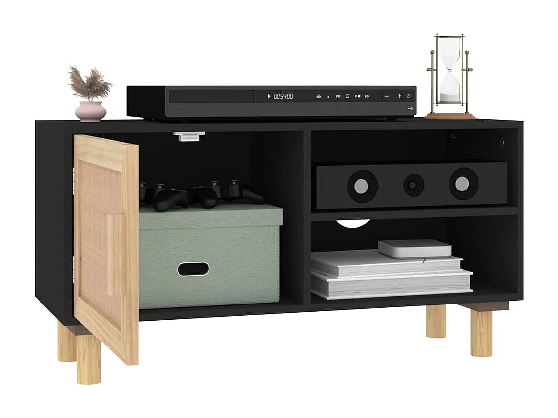 Mobile TV nero 80x30x40 cm Legno massello di pino e rattan naturale