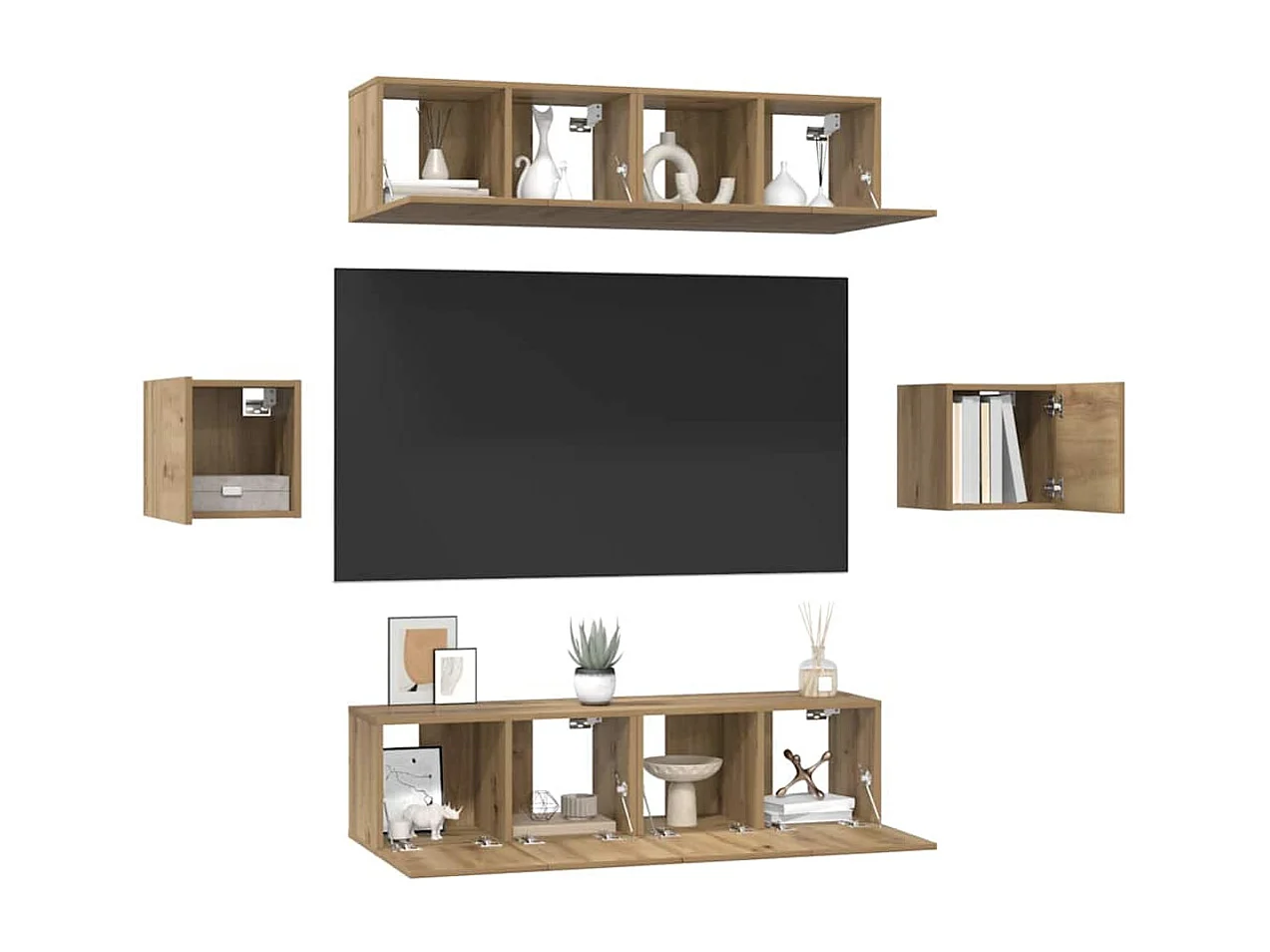Conjunto de mueble para TV de 6 piezas, fabricado artesanalmente en madera de roble.